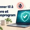 Illustrasjon av en bærbar PC med sikkerhetsskjold og symboler for blokkert skadevare, beskyttede filer og trådløs sikkerhet, med teksten «3 grunner til å installere et antivirusprogram i dag».