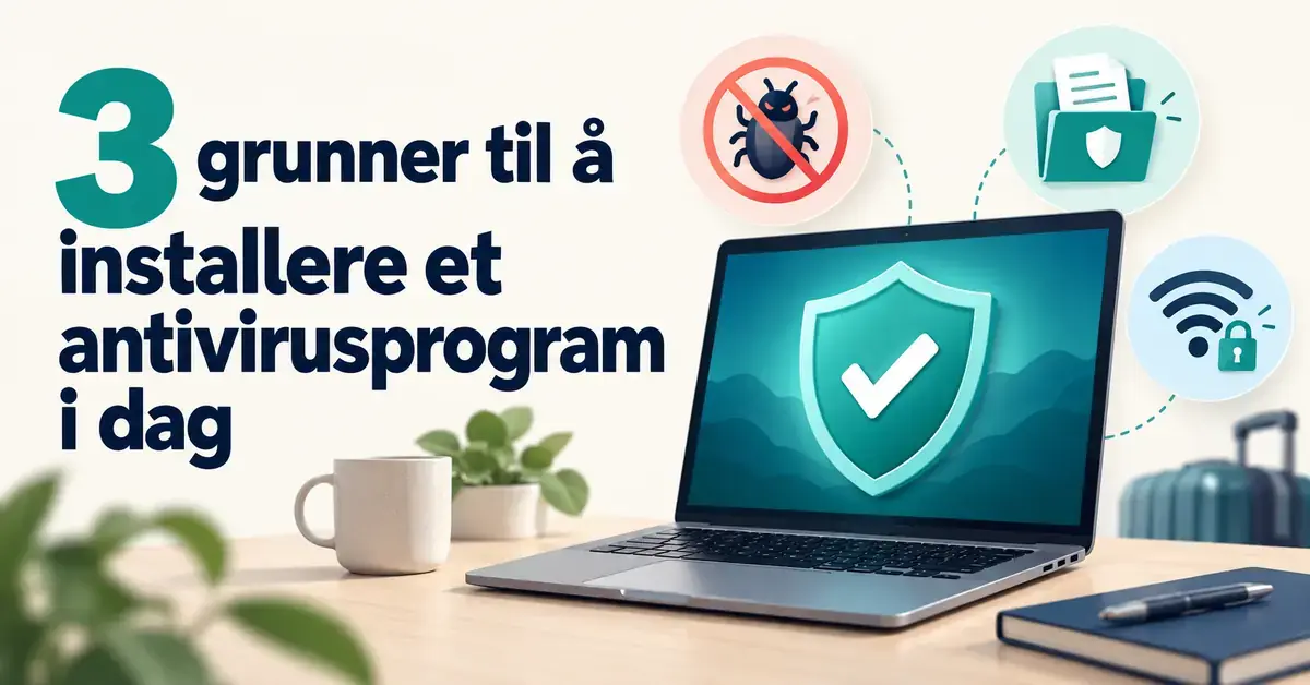 Illustrasjon av en bærbar PC med sikkerhetsskjold og symboler for blokkert skadevare, beskyttede filer og trådløs sikkerhet, med teksten «3 grunner til å installere et antivirusprogram i dag».