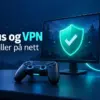 Illustrasjon av en spillskjerm med sikkerhetsskjold, en spillkontroller og en hengelås foran en globus som symboliserer antivirus og VPN ved nettspill.