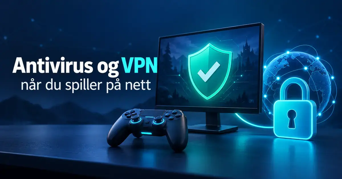 Illustrasjon av en spillskjerm med sikkerhetsskjold, en spillkontroller og en hengelås foran en globus som symboliserer antivirus og VPN ved nettspill.