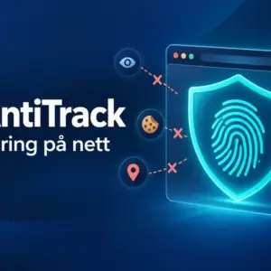 Illustrasjon av et digitalt fingeravtrykk beskyttet av et skjold mot nettsporing, med teksten «AVG AntiTrack – Stopp sporing på nett».