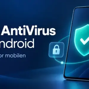 Illustrasjon av en mobiltelefon med et turkist sikkerhetsskjold, en hengelås og et globusikon ved siden av teksten «AVG AntiVirus for Android – Sikkerhet for mobilen».