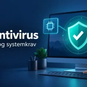Illustrasjon av en datamaskin med sikkerhetsskjold og ikoner for prosessor, låst mappe og e-post, ved siden av teksten «AVG Antivirus – Funksjoner og systemkrav».