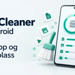Illustrasjon av en mobiltelefon med lagringsindikator, filer, kost og batteri ved siden av teksten «AVG Cleaner for Android – Rydd opp og frigjør plass».