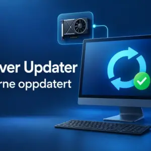 Illustrasjon av en dataskjerm med oppdateringssymbol og grønn hake, koblet til skjermkort, høyttaler og skriver, med teksten «AVG Driver Updater – Hold driverne oppdatert».