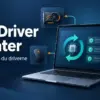 Illustrasjon av en bærbar PC med oppdateringspiler og ikoner for skjermkort, skriver og mus, med teksten «AVG Driver Updater – Slik oppdaterer du driverne».