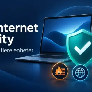 Illustrasjon av en bærbar PC, et nettbrett og en mobil bak et sikkerhetsskjold, med teksten «AVG Internet Security – Sikkerhet for flere enheter».