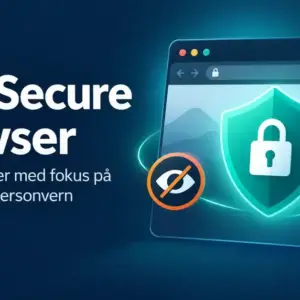 Illustrasjon av et nettleservindu med skjold, hengelås og symbol for blokkert sporing ved siden av teksten «AVG Secure Browser – Gratis nettleser med fokus på sikkerhet og personvern».