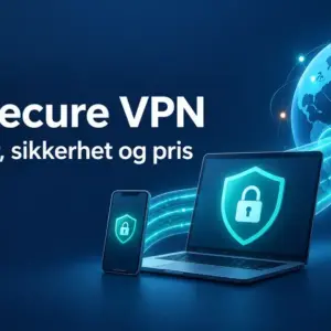 Illustrasjon av AVG Secure VPN med en bærbar PC og mobil, skjold med hengelås og en kryptert tunnel til en globus.