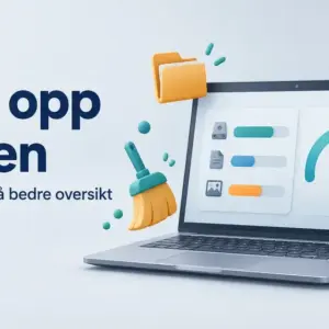 Illustrasjon av en bærbar PC med symboler for filrydding, lagringsplass og ytelse, og teksten «Rydd opp i PC-en».