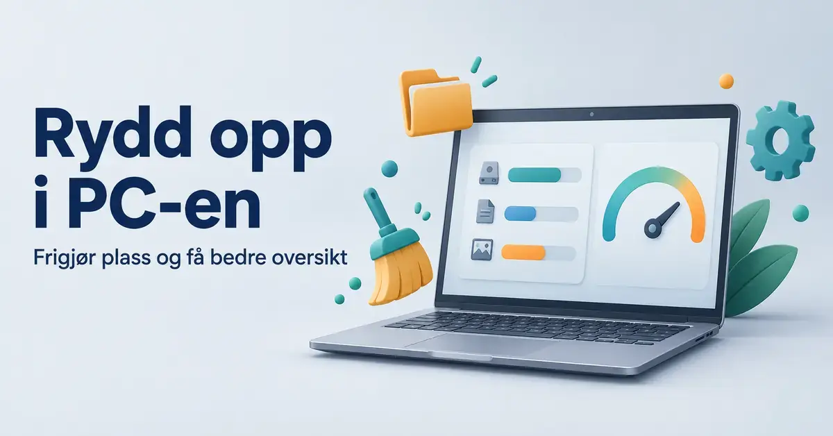 AVG TuneUp Unlimited: slik rydder du opp og får en raskere PC Illustrasjon av en bærbar PC med symboler for filrydding, lagringsplass og ytelse, og teksten «Rydd opp i PC-en».