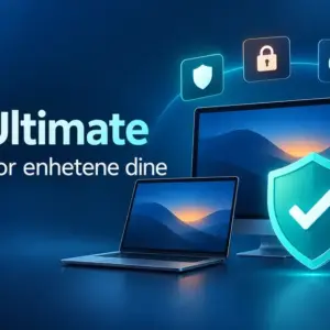 Illustrasjon av AVG Ultimate med datamaskiner, nettbrett og mobiltelefon bak et beskyttende skjold og symboler for sikkerhet, VPN, ytelse og sporingsbeskyttelse.