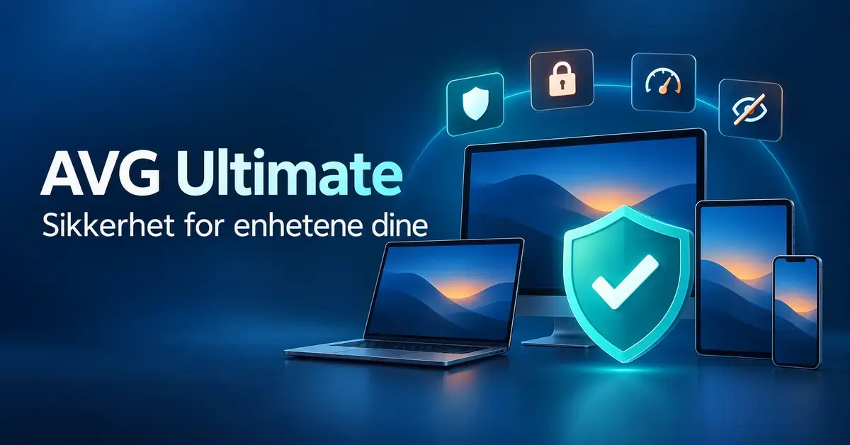 AVG Ultimate – alt-i-ett-sikkerhet for alle enhetene dine Illustrasjon av AVG Ultimate med datamaskiner, nettbrett og mobiltelefon bak et beskyttende skjold og symboler for sikkerhet, VPN, ytelse og sporingsbeskyttelse.