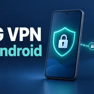 Illustrasjon av en mobiltelefon med skjold og hengelås koblet til en server og en globus, med teksten «AVG VPN for Android».