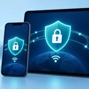 Illustrasjon av en mobiltelefon og et nettbrett med skjold og hengelåser som symboliserer VPN-beskyttelse av internettforbindelsen.