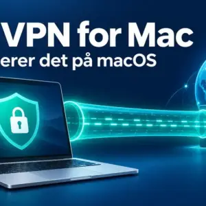 Illustrasjon av en Mac med skjold og hengelås, koblet til en VPN-server gjennom en kryptert tunnel, med teksten «AVG VPN for Mac – Slik fungerer det på macOS».