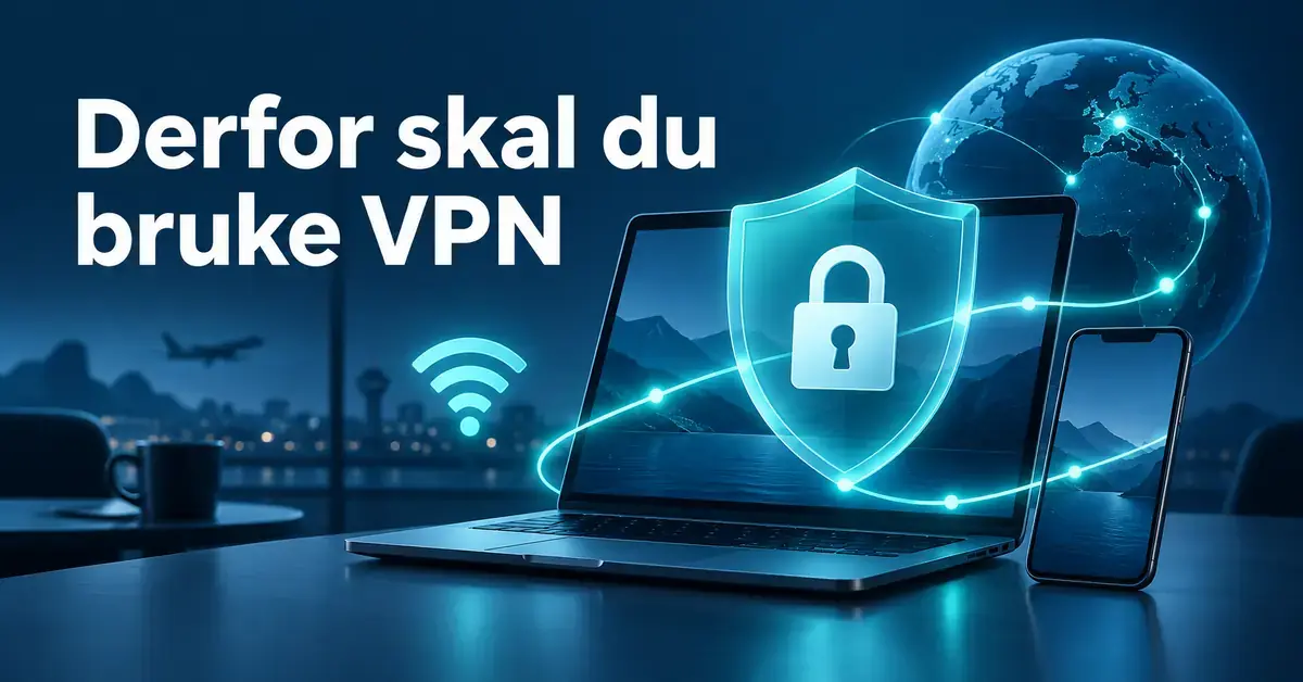 Illustrasjon av en bærbar datamaskin og mobil med et skjold, en hengelås og en tilkoblet jordklode som symboliserer en sikker VPN-forbindelse, med teksten «Derfor skal du bruke VPN».