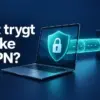 Illustrasjon av en bærbar datamaskin med skjold og hengelås, koblet til en server og en jordklode gjennom en VPN-tunnel, med teksten «Er det trygt å bruke en VPN?».