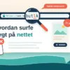 Illustrasjon av et nettleservindu der et forstørrelsesglass avslører en skrivefeil i nettadressen, med en falsk «Du har vunnet!»-pop-up som blokkeres og en musepeker som surfer på en bølge, sammen med teksten «Hvordan surfe trygt på nettet».