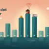 Illustrasjon av et månedlig dataforbruk der søylene for januar til desember danner en fjellrekke ved en fjord i solnedgang, med en hytte med signalantenne, et telt og en campingvogn på de høye sommersøylene, en seilbåt på vannet og teksten «Betal for det du bruker».