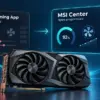 Illustrasjon av et grafikkort og overgangen fra MSI Gaming App til MSI Center, med symboler for ytelse, viftestyring og skjerminnstillinger.