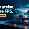 Illustrasjon av en spill-PC med bilspill på skjermen og en stigende ytelsesgraf, med teksten «Bedre ytelse. Høyere FPS.» og «10 tips til PC-spilling».