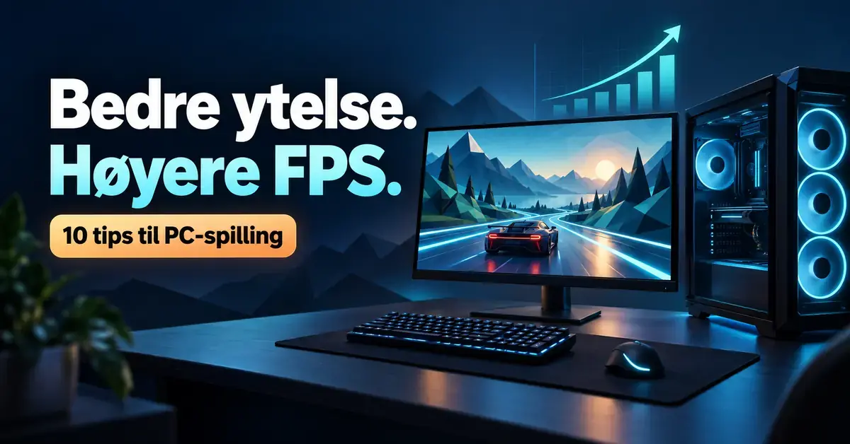 Illustrasjon av en spill-PC med bilspill på skjermen og en stigende ytelsesgraf, med teksten «Bedre ytelse. Høyere FPS.» og «10 tips til PC-spilling».