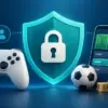 Et skjold med hengelås mellom en spillkontroller og en mobil med fotballbane, med en fotball og mynter foran, illustrerer sikkerhet ved dataspill og pengespill på nett.