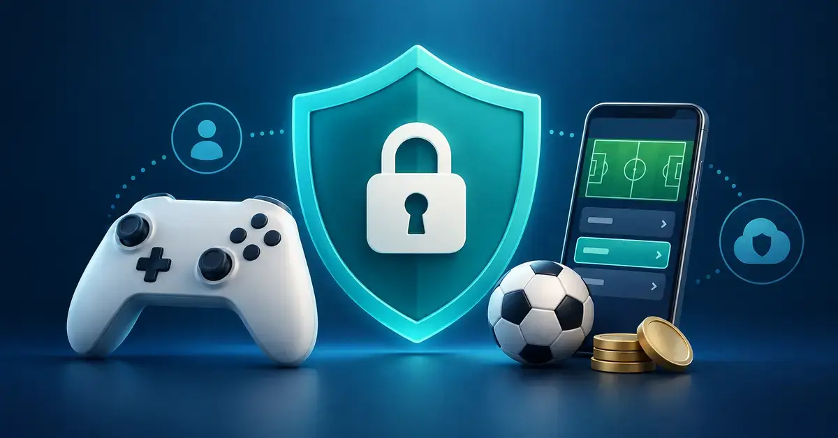 Et skjold med hengelås mellom en spillkontroller og en mobil med fotballbane, med en fotball og mynter foran, illustrerer sikkerhet ved dataspill og pengespill på nett.